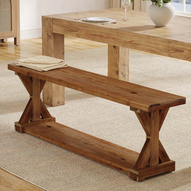 Banc de salle à manger en bois massif 59 po, banc de ferme rustique pour table de salle à manger, siège de rangement en bois à 2 niveaux pour la salle à manger, la cuisine, le salon et le couloir, brun