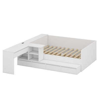 Wooden Platform Bed With Drawers, Shelves And Dressing Table