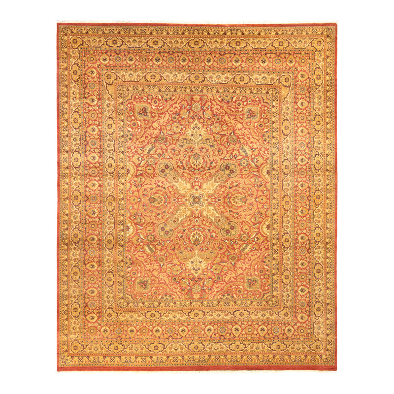 Tapis orange en laine noué à la main de conception unique 8 pi 2 po x 10 pi 2 po Clester Mogul