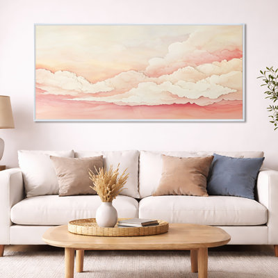 Toile de ciel aquarelle, art mural nuage rose, nuages aquarelle rose