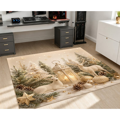 Tapis d'intérieur lavable à la machine, motif « Pays des merveilles hivernales », avec envers antidérapant, orné de cerfs, de pins, de lanternes et de flocons de neige. Décoration intérieure chaleureuse pour le salon, la chambre, la salle à manger, le corridor, l'entrée, l'appartement.
