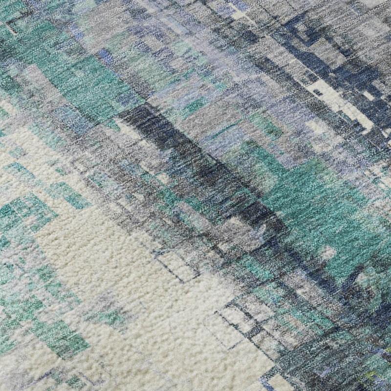 Premium Machine Washable Mayfield AMF2254 Abstract Rug, 1'8" x 2'6", Teal