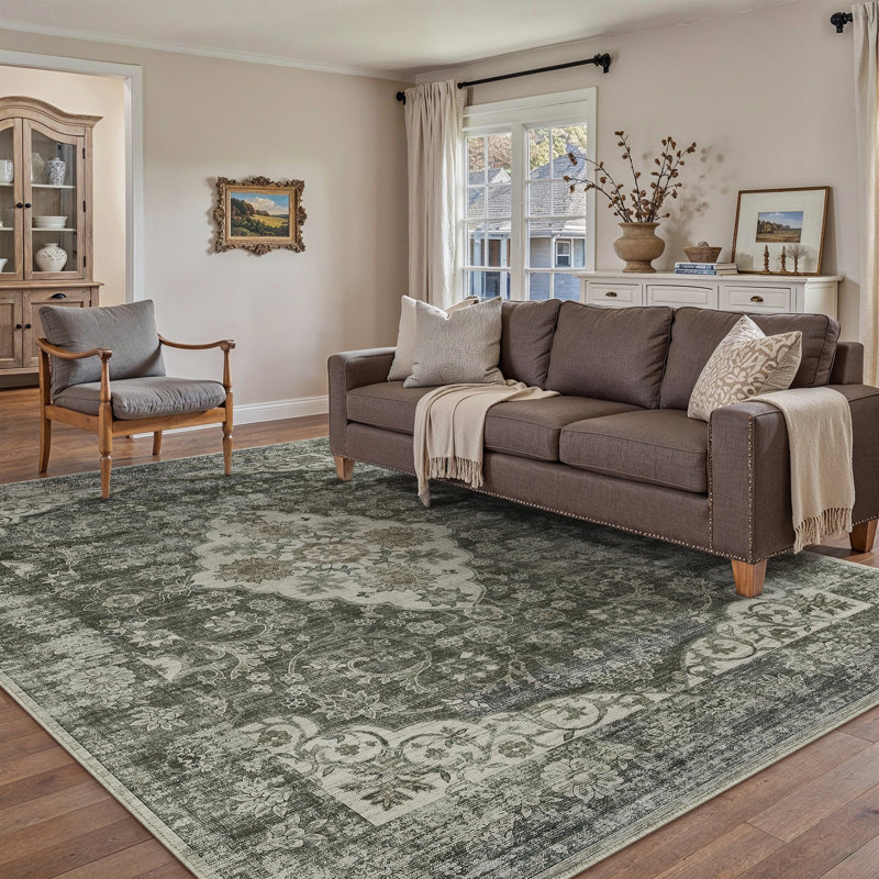 Elora Vintage Medallion Machine Washable Area Rug With Non-Slip Backing in Brown, Rectangle 6' x 9', Brown