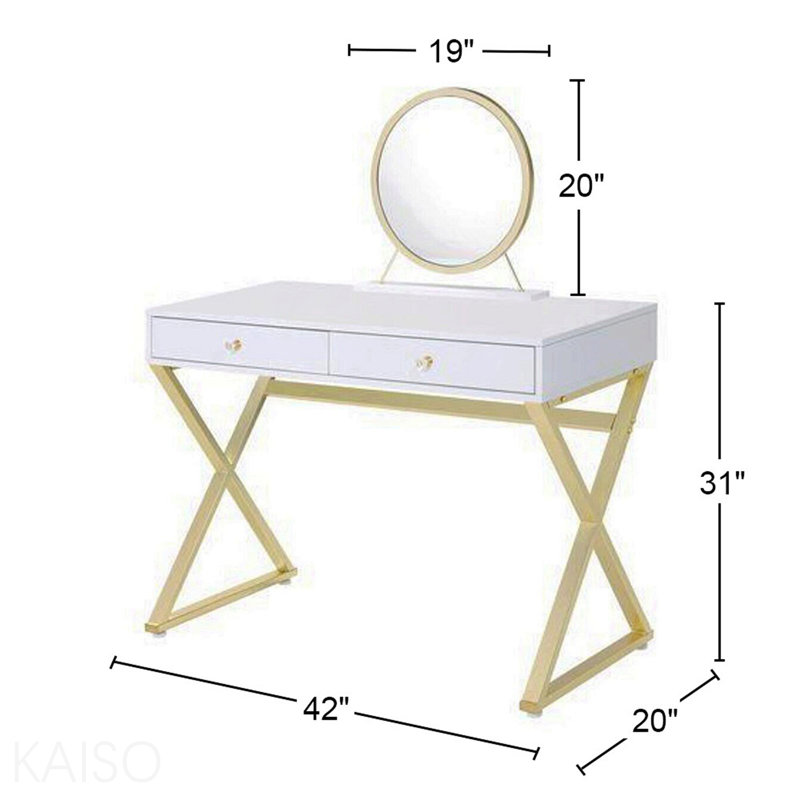 Bureau de coiffeuse rectangulaire avec miroir et plateau à bijoux, blanc et doré