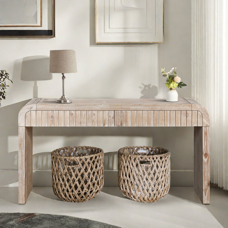 Minelba Farmhouse Console Table with Two Hidden Handle Drawers and Curved Edge