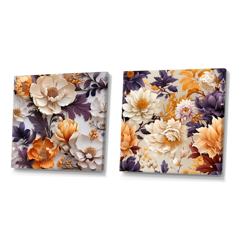 Janes - Ensemble de 2 collages carrés floraux, Toile tendue, H 16 po x l 33 po