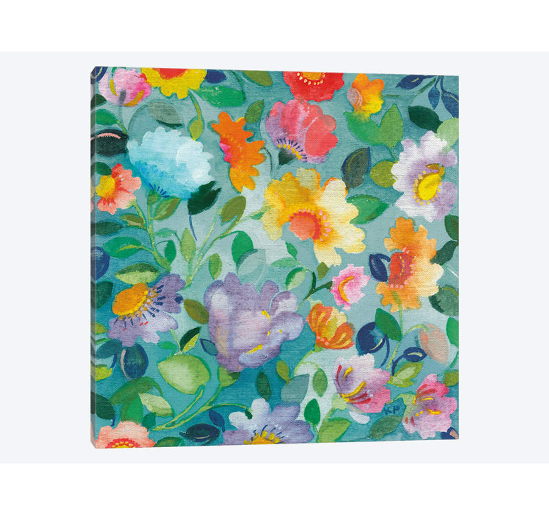 «Turquoise Flowers» par Kim Parker, impression sur toile, H 16 po x l 16 po x P 1 po, Papier avec cadre noir, Blanc