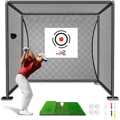 YUNIC Premium Golf Driving Cage with Metal Frame, Target Cloth & Hitting Mat – Heavy Duty Indoor & Outdoor Golf Practise Net for Swing & Chipping Training