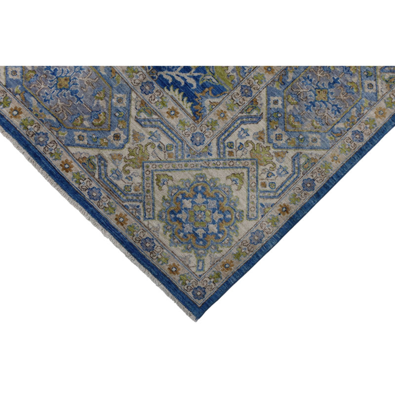 Hand Knotted Wool Area Rug in Blue And Beige