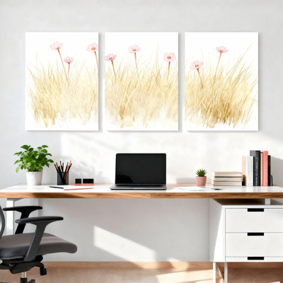 Golden Grass and Pink Flowers Watercolor Canvas Wrapped Wall Art, Set of 3 Panels, Boho Nature Inspired Decor for Living Room, Bedroom, or Office
