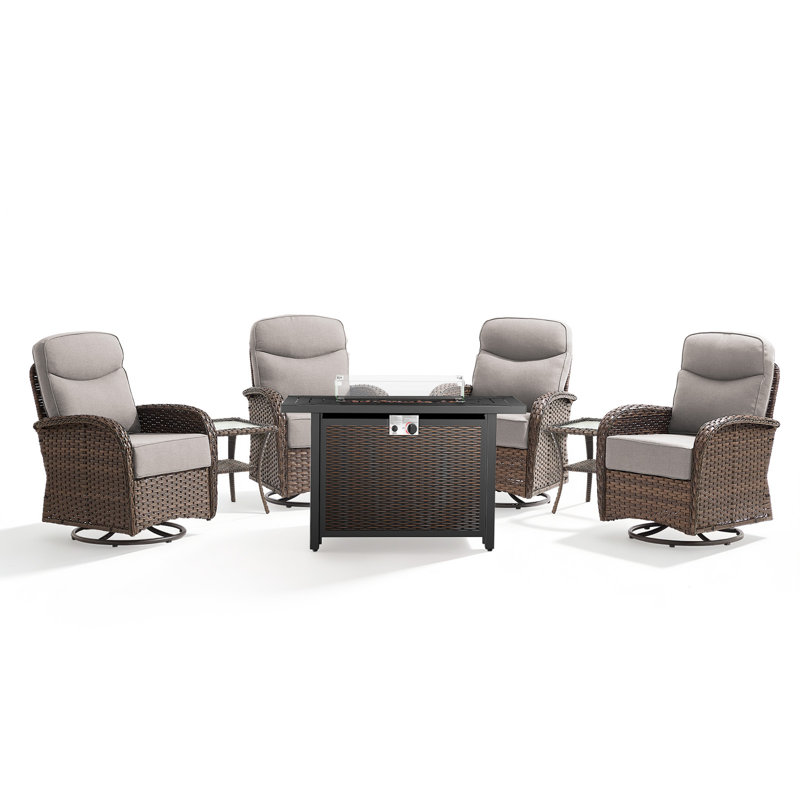 Totnes 4-Person Wicker Patio Rectangle Metal Fire Pit Table Conversation Set With Swivel Gliders And Side Tables, Beige