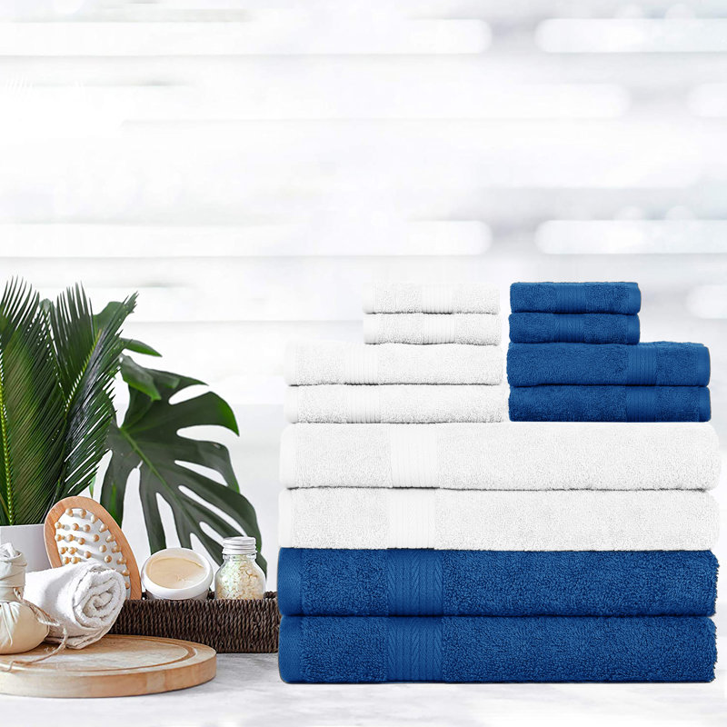 100% Cotton Bathroom Towel Set of 12 Absorbent Soft Plush Fast Drying, White/Navy