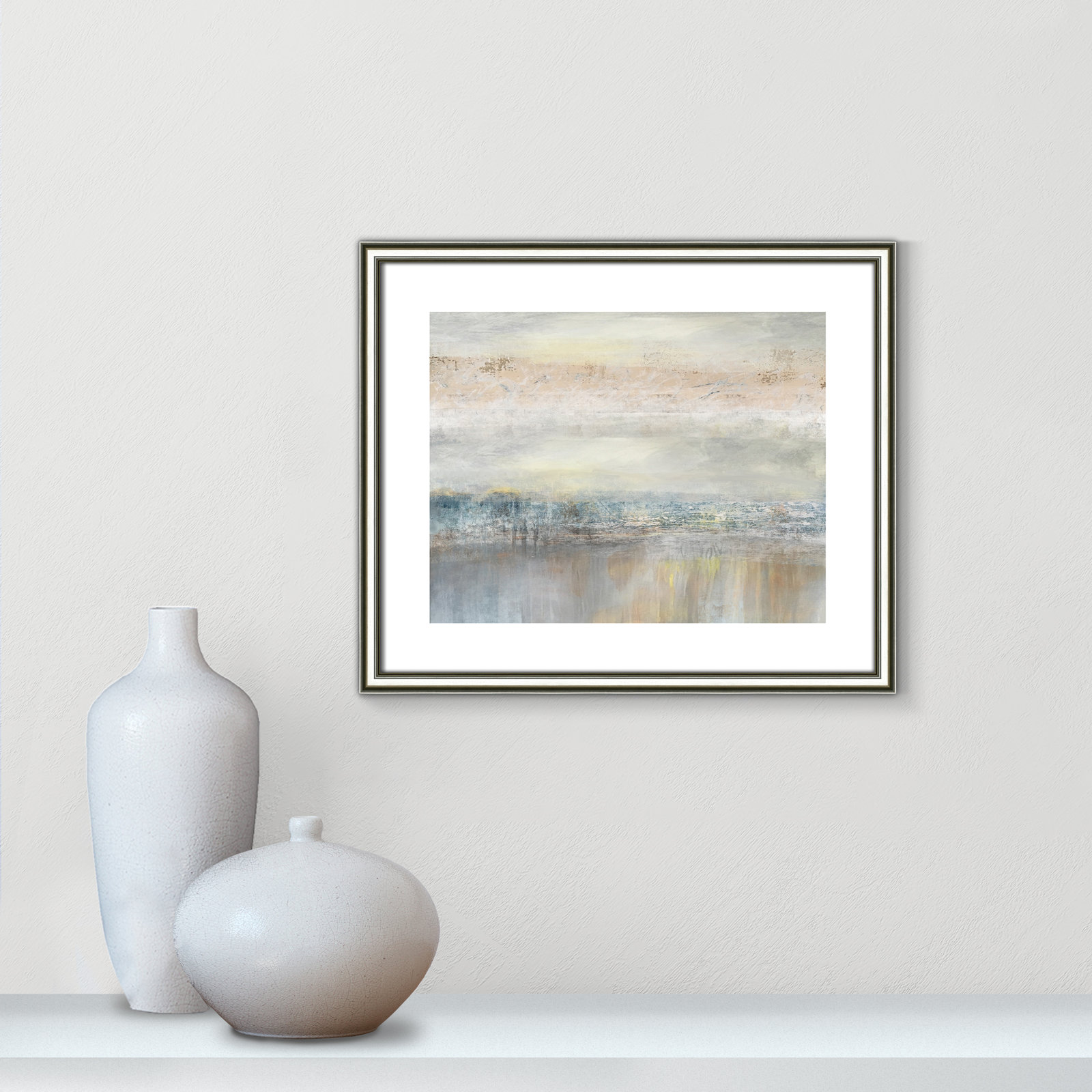 Electra "From A Distance" Painting by Nan, 16" H x 19" W, Picture Framed Paper, Beige Wood