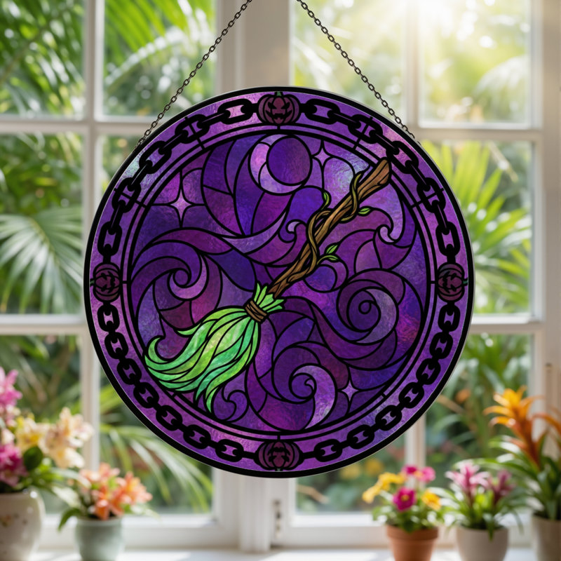 12"H Witch Broom Stained Glass Window Panel