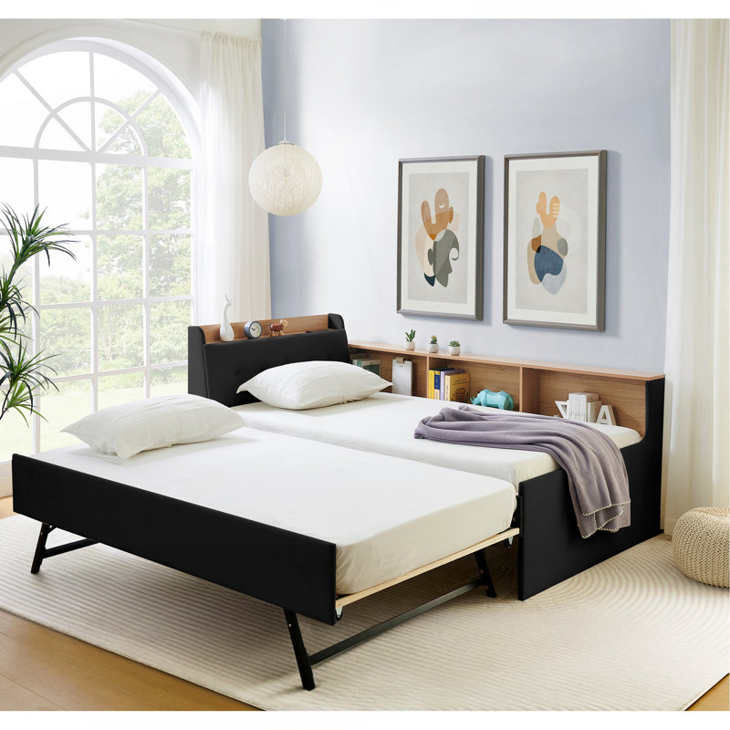 Twin Size Upholstery Velvet Height Adjustable Day Bed With Storage Headboard And Wireless Charging, Multi-Functional Daybed With Trundle Bed & LED Lights