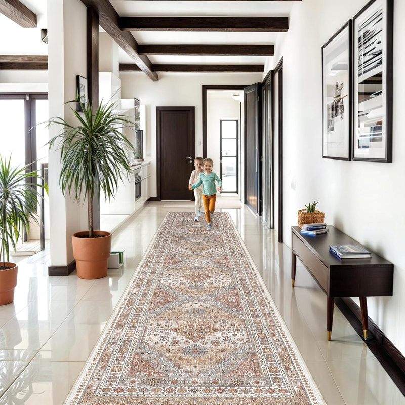 Medallion Non Slip Washable Rug(Orange), Runner 2'6" x 16'