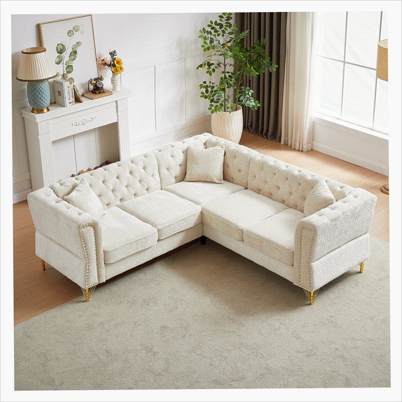 Canapé modulaire en L Chenille de 5 places de 81,5 pouces avec garniture cloutée et coussins en chenille, Chenille beige
