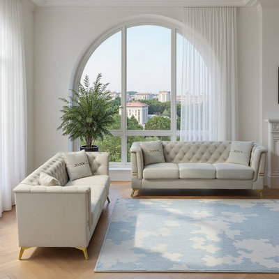 Modern Velvet Upholstered Sofa Set Of 2, Cream White 3-Seater Sofas With Gold Metal Legs Contemporary Living Room Furniture For Family Homes, Apartments, And Lounge Spaces