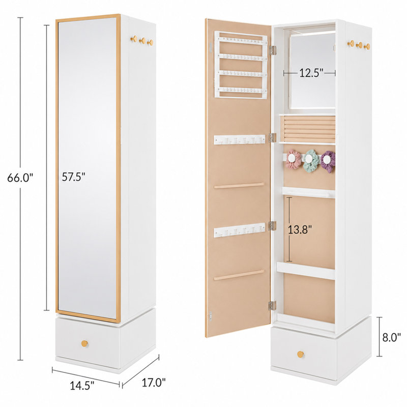 Armoire à bijoux pivotante White 360, miroir pleine longueur et cadre en métal doré