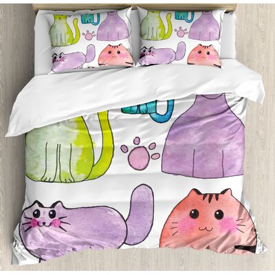 Kitten Hand Drawn Set of Cartoon Style Cute Domestic Cats Pets Paws in Watercolors Duvet Cover Set -  Ambesonne, nev_32808_king
