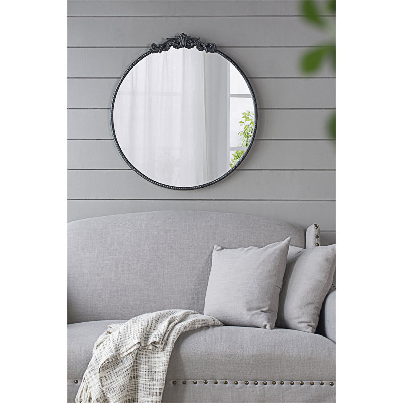 32" Black Round Mirror with Baroque-Inspired Detailing