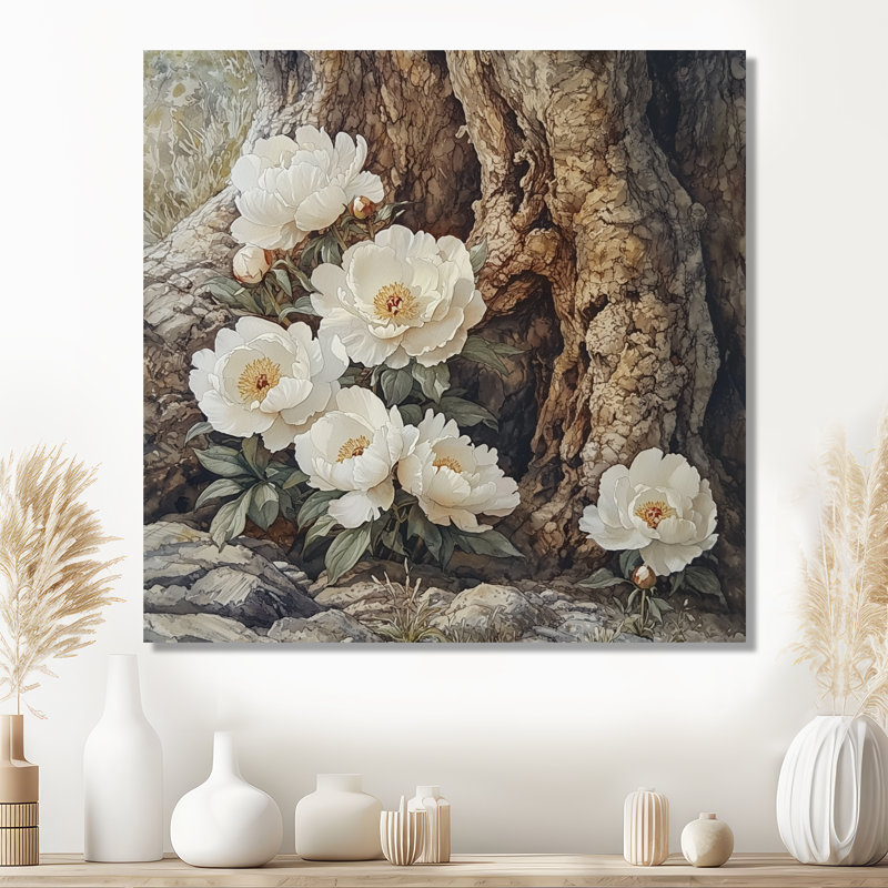Pivoines près du vieux chêne I - pivoines, art mural, Toile tendue, Ne s’applique pas, H 16 po x l 16 po
