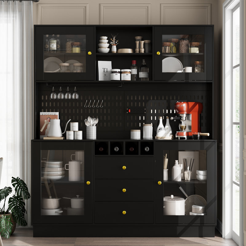 Garde-manger 75 po avec comptoirs spacieux, 4 portes en verre, 3 tiroirs et prise de courant, Noir