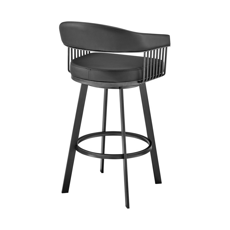 Robinett Swivel Counter or Bar Height Bar Stool with Arms and Footrest in Faux Leather and Metal, Black, Black