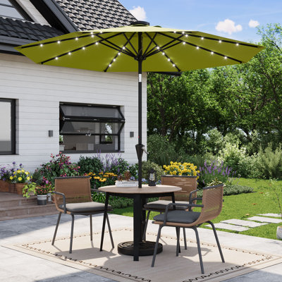 9FT Solar Patio Umbrella with 32 LED Lights - Outdoor Table Umbrella with Crank Lift, Push Button Tilt and 8 Sturdy Ribs - Market Umbrella UV Protection for Pool, Deck, Yard, Garden