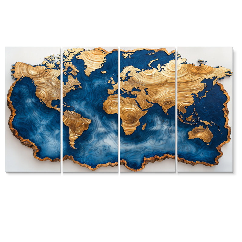Glissade sur bois carte du monde saphir - art mural carte du monde - décoration murale moderne 4 pièces, H 32 po x l 64 po