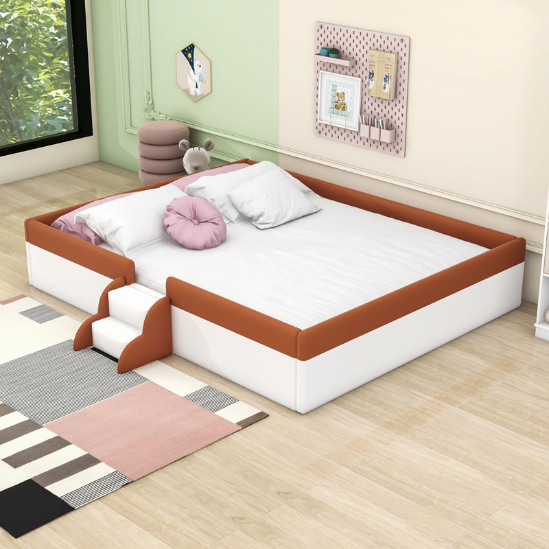 Upholstered Daybed with Guardrails and Stairs, King, White/Brown