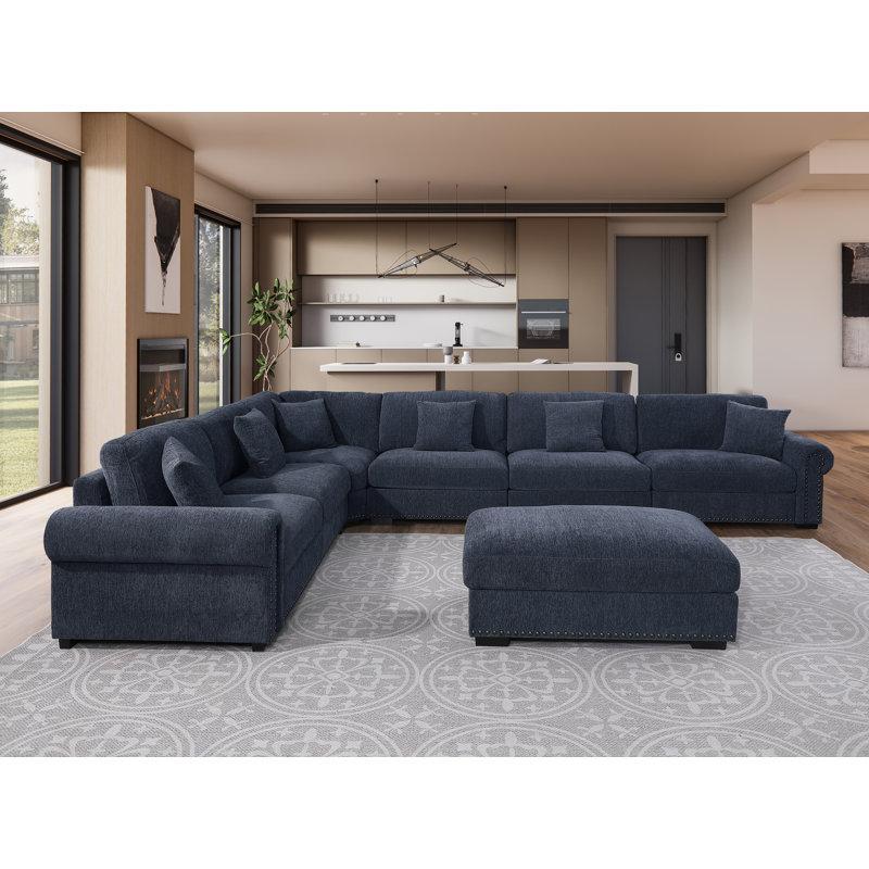 Canapé d'angle en tissu d'ameublement 7 places, Polyester bleu foncé