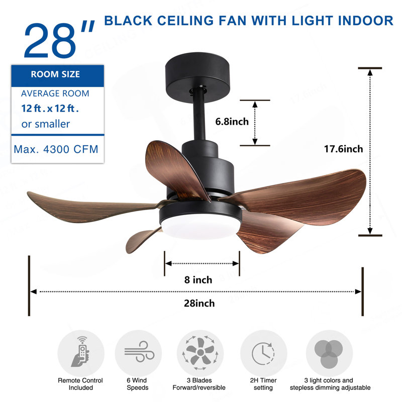Ventilateur de plafond 28 pouces avec télécommande, lumières, petit ventilateur encastré, 5 pales réversibles, ventilateur de plafond à profil bas, 6 vitesses, 3 couleurs pour la cuisine de la chambre à coucher