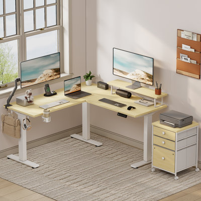 Bureau debout électrique en L à hauteur ajustable 59 po x 59 po avec rehausse