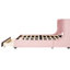 Lit tapissier grand en velours rose avec structure, tête de lit à oreilles et plateforme à grands tiroirs - option pratique-745325055