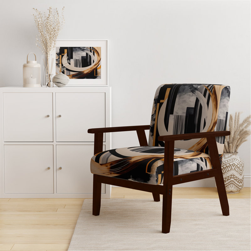 Chaise d'appoint rembourrée, fauteuil moderne Jifi, Polyester noir / or / ivoire, Accoudoirs carrés bruns