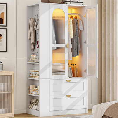 Armoire-penderie 70,8 H avec lumière DEL et 2 tiroirs, armoire de chambre avec tringle, grande armoire de rangement, blanc