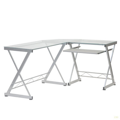 L-Shaped Tempered Glass Top Computer Desk With Pull Out Keyboard Panel, Clear