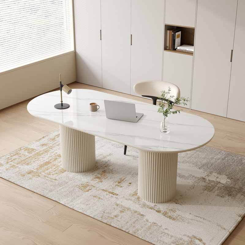 Oval Stone Writing Desk, White, 29.53" H x 70.87" W x 35.43" D