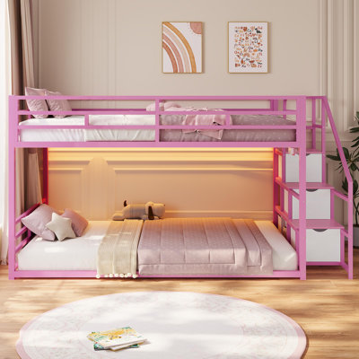 Twin Over Twin Low Bunk Bed With Storage Staircase, Drawers And Shelves, Led Lights, Power Outlet, Full-length Guardrail, For Small Space, Black