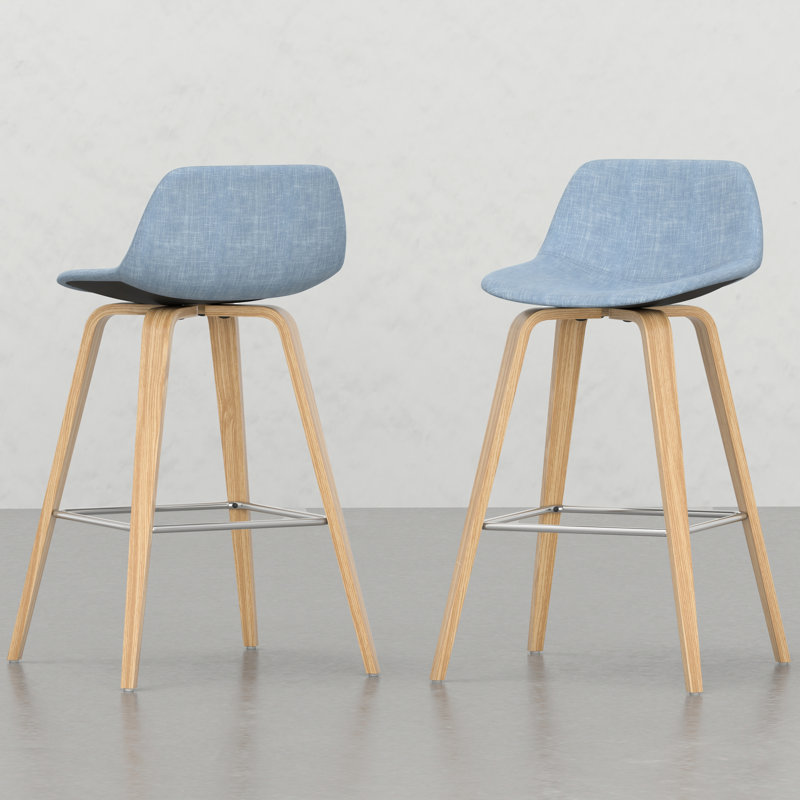 De 2 tabourets hauts - style Mid-Century, housse de siège bleu denim, structure, 2 garnitures décoratives, pieds, repose-pieds, touche moderne