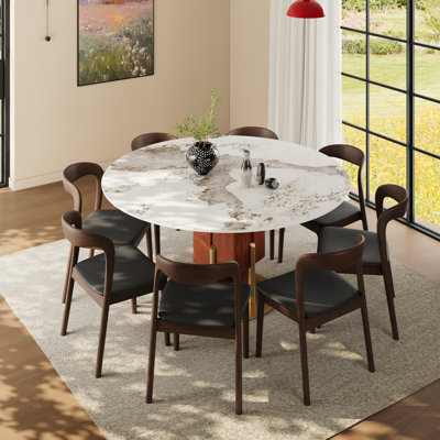 3Pcs/5Pcs/7Pcs/9Pcs Round Dining Table Set With 2/4/6/8 Upholstered Chairs, Kitchen Breakfast Nook Dining Table 39"/43"/47"/53"/59" Sintered Stone Top + Solid Wood & Gold Metal Base