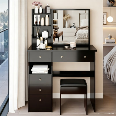  Vanity Desk with Extra Large Sliding Mirror, Dressing Table Set with Multi-Layer Storage and Cushioned Stool, Practical Makeup Station for Bedroom, Black