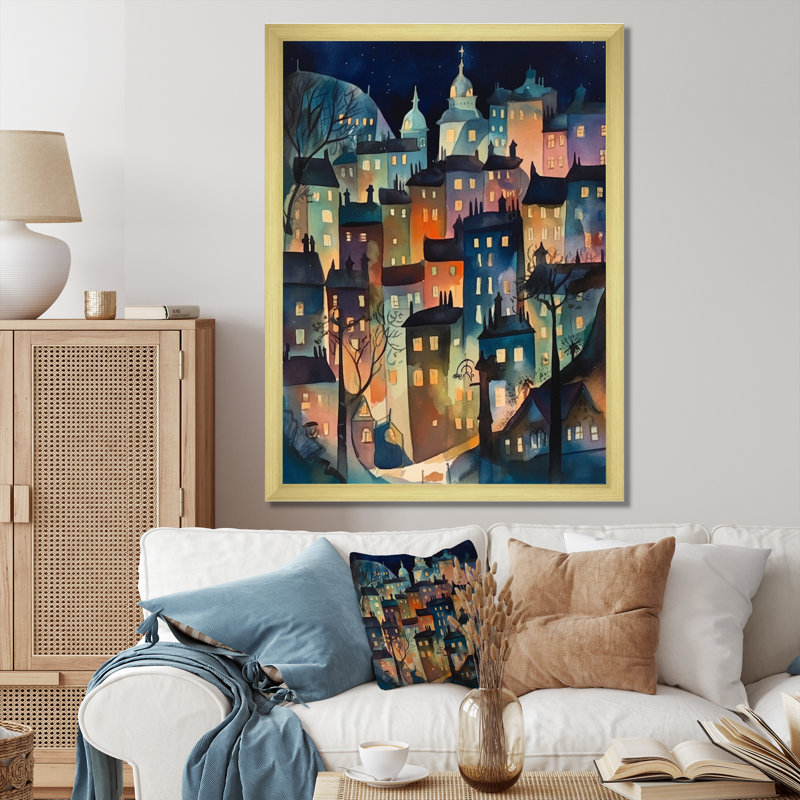 «Blue and Black Building The Cityscape», reproduction d'art sur toile, H 20 po x l 12 po x P 1 po, Encadrement doré