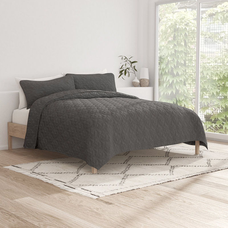 Quilt Coverlet Set All Season Microfiber Contemporary Ultra Soft Bedding in Damask Stitch, Gray