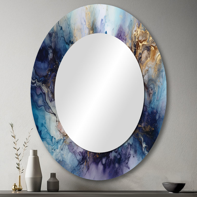 «Raevin», mauve captivant, encre liquide I - miroir en marbre, miroir mural décoratif doré, impression d'art en métal, Ovale