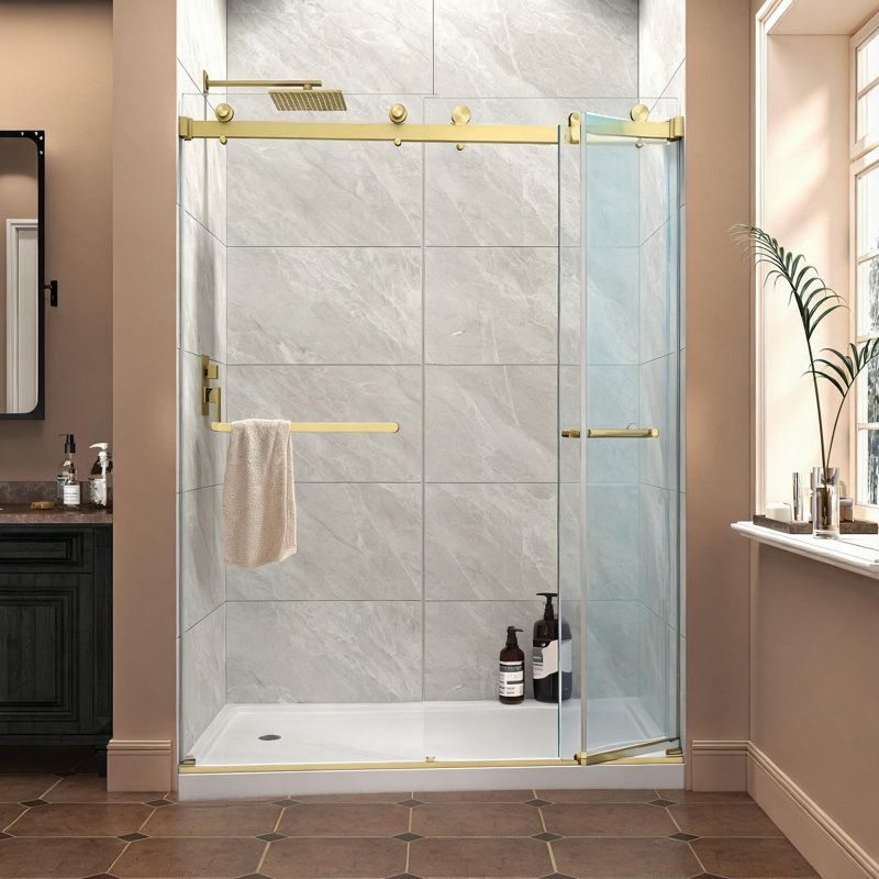 55–60 in. W x 76 in. H Frameless Double Bypass Sliding Shower Door, Brushed Gold, 5/16 in. Tempered Glass
