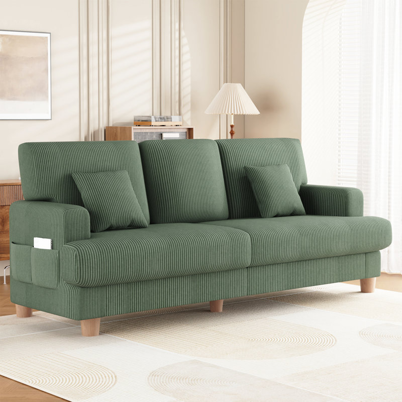 87-inch Corduroy Sofa with 3 Seats, No Tool Assembly,Solid Wood Frame and Solid Wood Legs-Green, Green