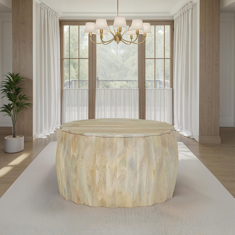 Elegant Beige 30" Round x 18" High Coffee Table with Diamond-Carved Cylindrical Base, Natural Wood