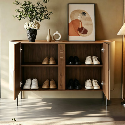 Modern Minimalist Milk Coffee Entryway Shoe Cabinet & Console Cabinet with Saddle Leather Veneer